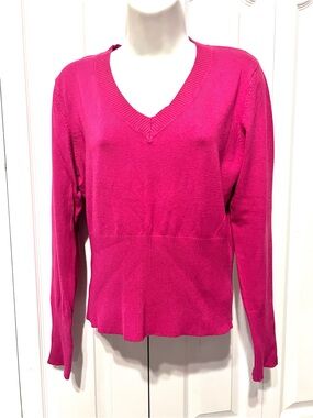 Brandon Thomas Women's V-Neck Medium Sweater-Fuchsia Pink-Part. Ribbed-Casual
